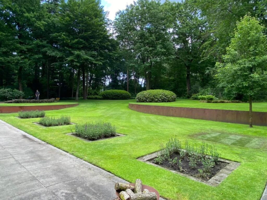 Strakke tuin met gazon, borders en bomen aan de rand.
